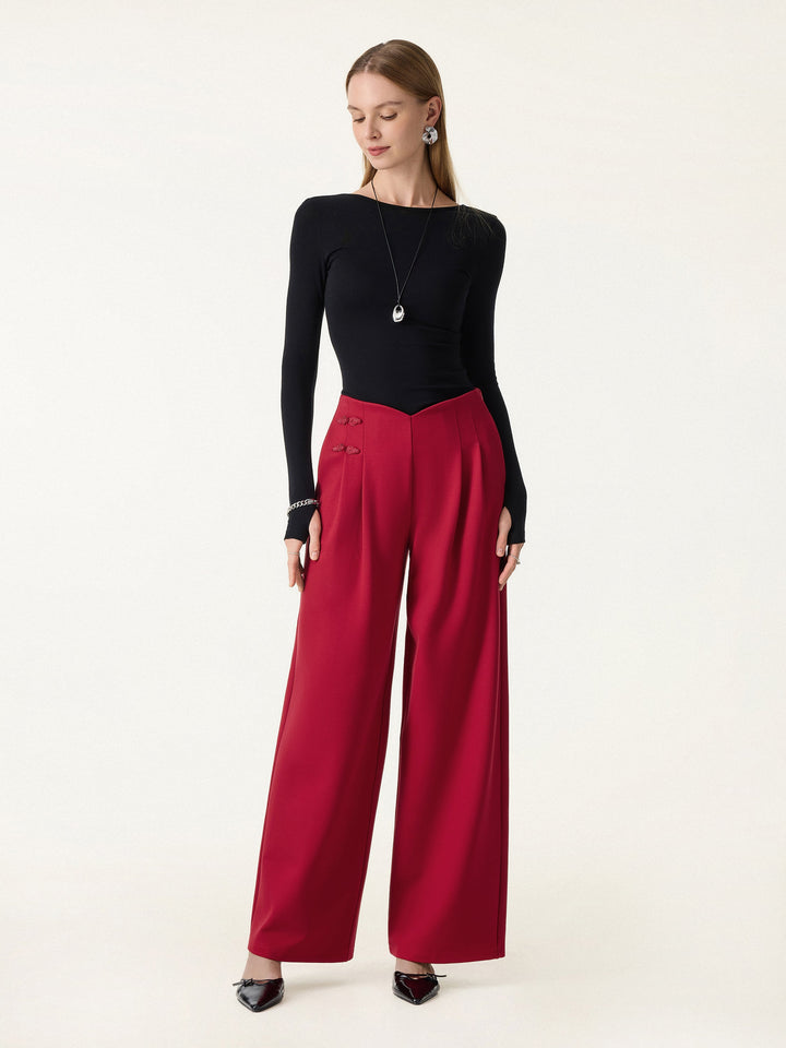 Statement Frog Button High Rise Wide Leg Pants with Pockets Regular Retro Red