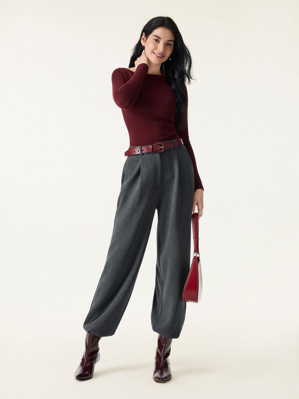 Cozy Warm High Rise Tapered Utility Pants with Pockets Regular Heather Black
