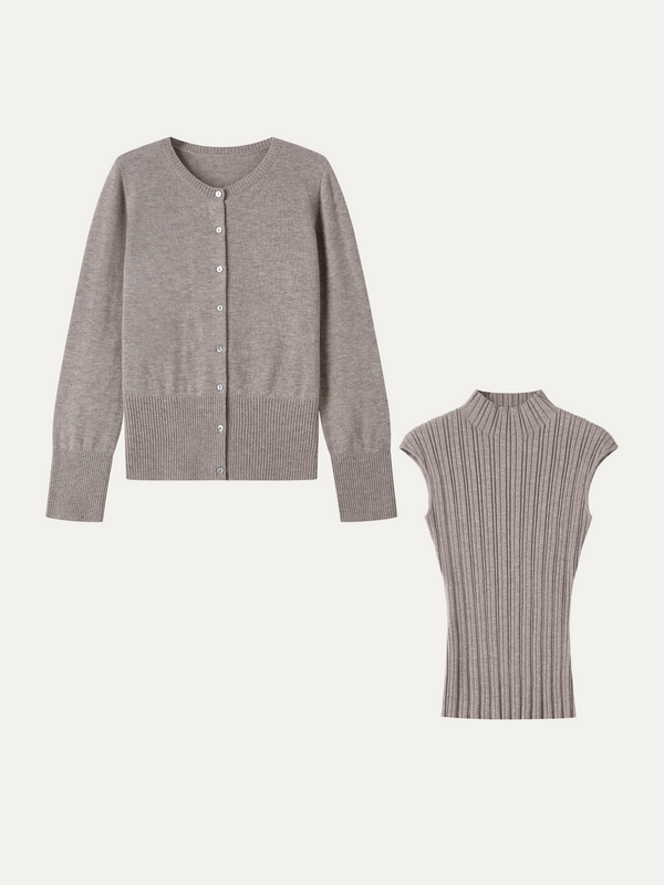 OGLmove 2Pcs Set 100% Merino Wool Long Sleeve Cardigan & Mock Neck Sweater