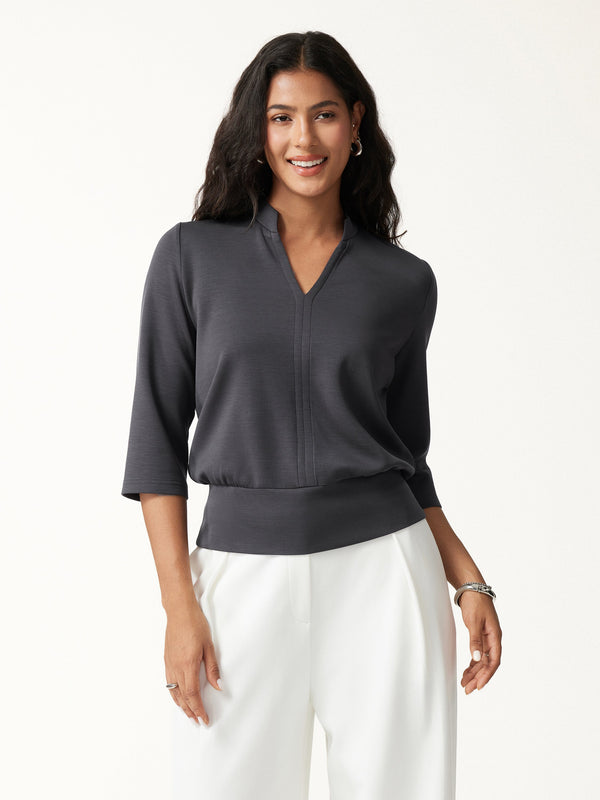 OGLmove Lyocell Spacer Knit V-Neck Elbow Sleeve Banded Hem Top Blue Charcoal XXS