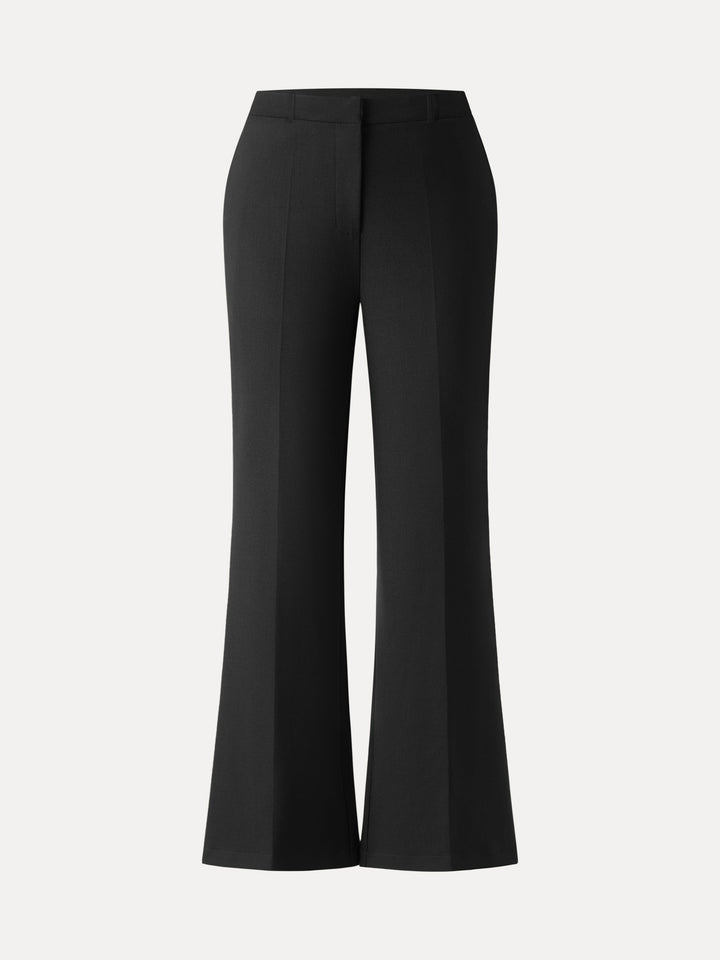 Stretch Wool Mid Rise Flared Trousers with Pockets Regular Black