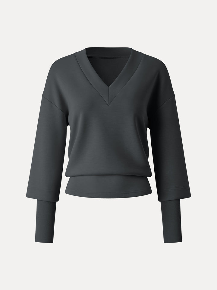 V-neck Hip Length Top with Sleeve Warmers Blue Charcoal XS
