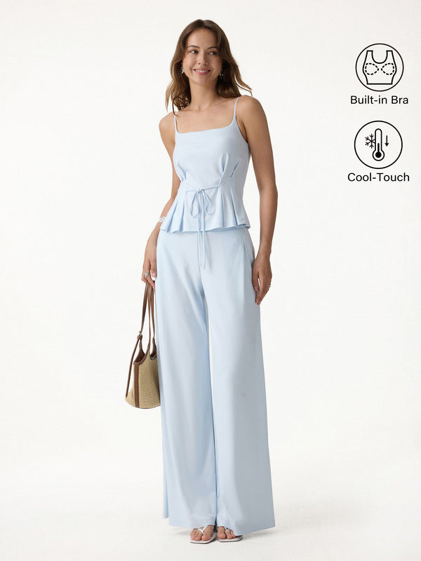 OGLmove 2Pcs Set Spaghetti Brami & Wide Leg Pants with Pockets Blue Air XS