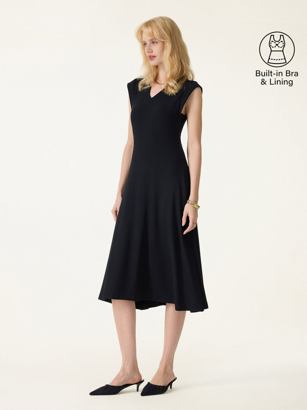 Plantive Flowy V-Neck Flared A-Line Midi Bra Dress Black XS