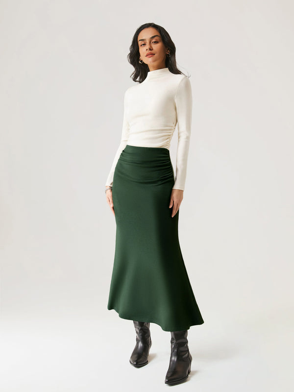 OGLmove 2Pcs Set Prowarm Ruched Sides Mockneck Top & Mermaid Maxi Skirt Off White/Deep Bush XXS