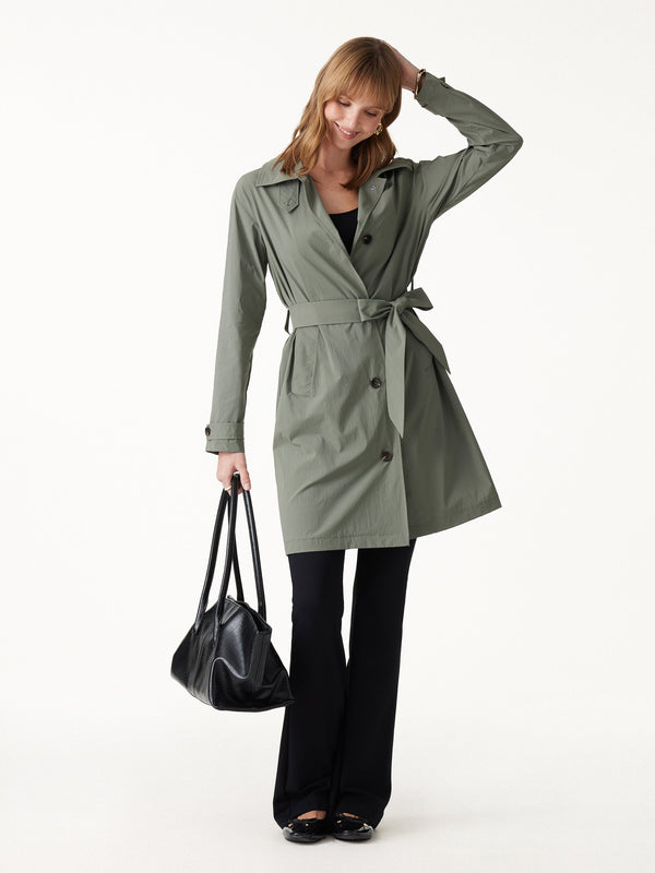 OGLmove Lightweight Water-Repellent Notched Collar Trench Coat with Pockets Dry Sage Green XXS