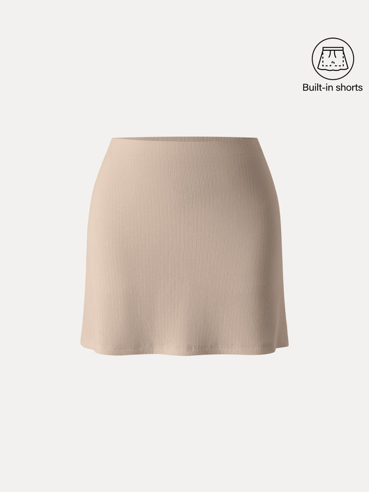 Stretch Cotton Pointelle A-line Mini Skirt with Built-in Shorts Tan XS