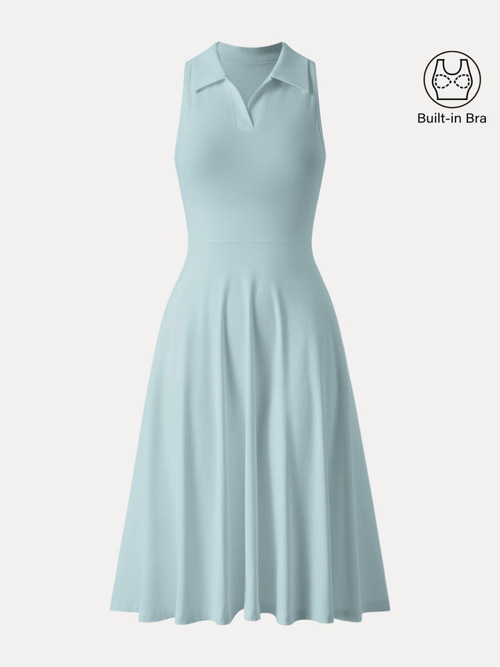 Stretch Cotton Polo Neck Fit-and-flare Midi Brami Dress with Pockets Pastel blue XS