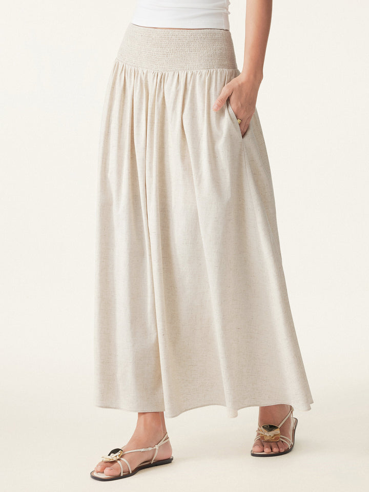 2Pcs Boatneck Ruched Brami Tank & European Linen Smocked Waist Skirt with Pockets