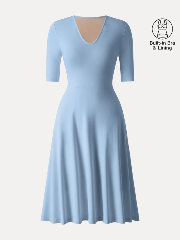V-Neck Elbow Sleeve Midi Brami Dress with Pockets