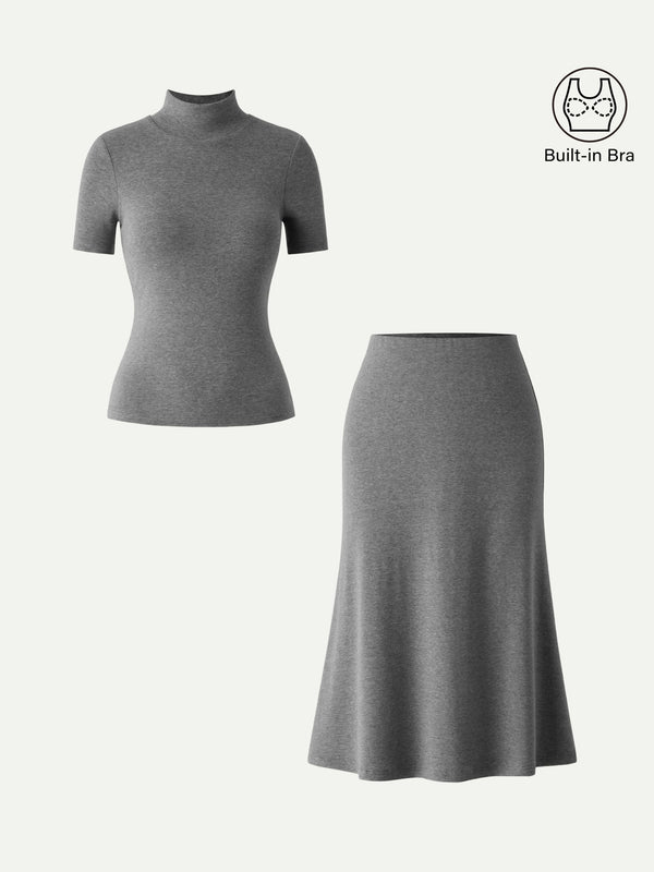 OGLmove 2Pcs Set Mockneck Short Sleeve Brami Top & Pull-On Midi Skirt