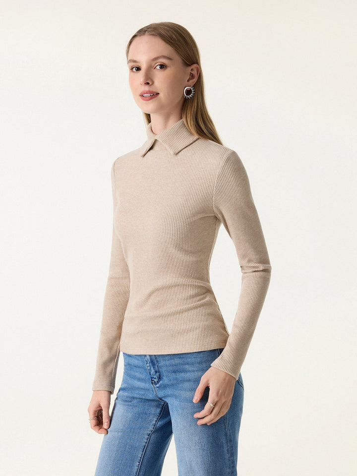 Ribbed Stand Collar Long Sleeve Top Heather Tan XS