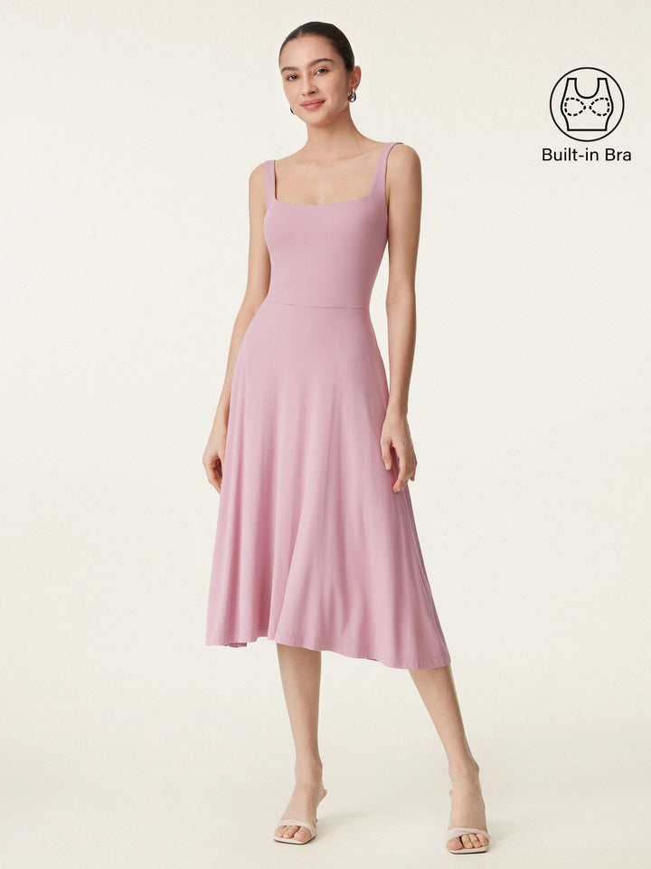 Square Neck Flowy New Airy Brami Midi Dress Rose Mauve XS