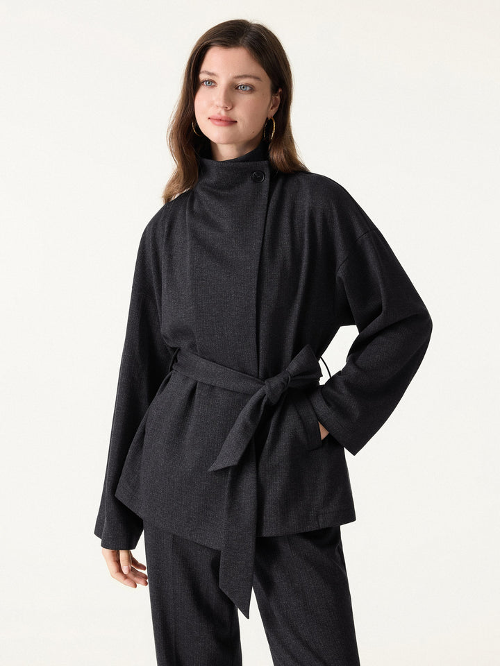 Herringbone Retro Belted Jacket with Pockets Onyx Black XS