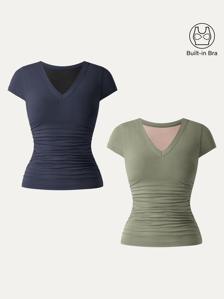 2Pcs Set Elevated V-neck Side Ruched Cap Sleeve Brami Tee Tate Olive/Midnight Navy XS