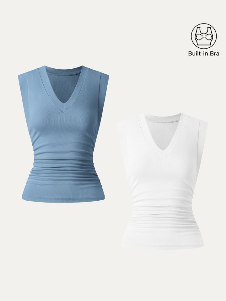 2Pcs Set Brami Stretch Cotton V-neck Side Ruched Muscle Top White/Dusk Blue XS
