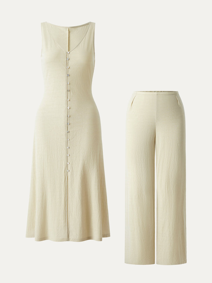 2Pcs Set V-neck Button Front Midi Vest Dress & Mid Rise Straight Leg Pant