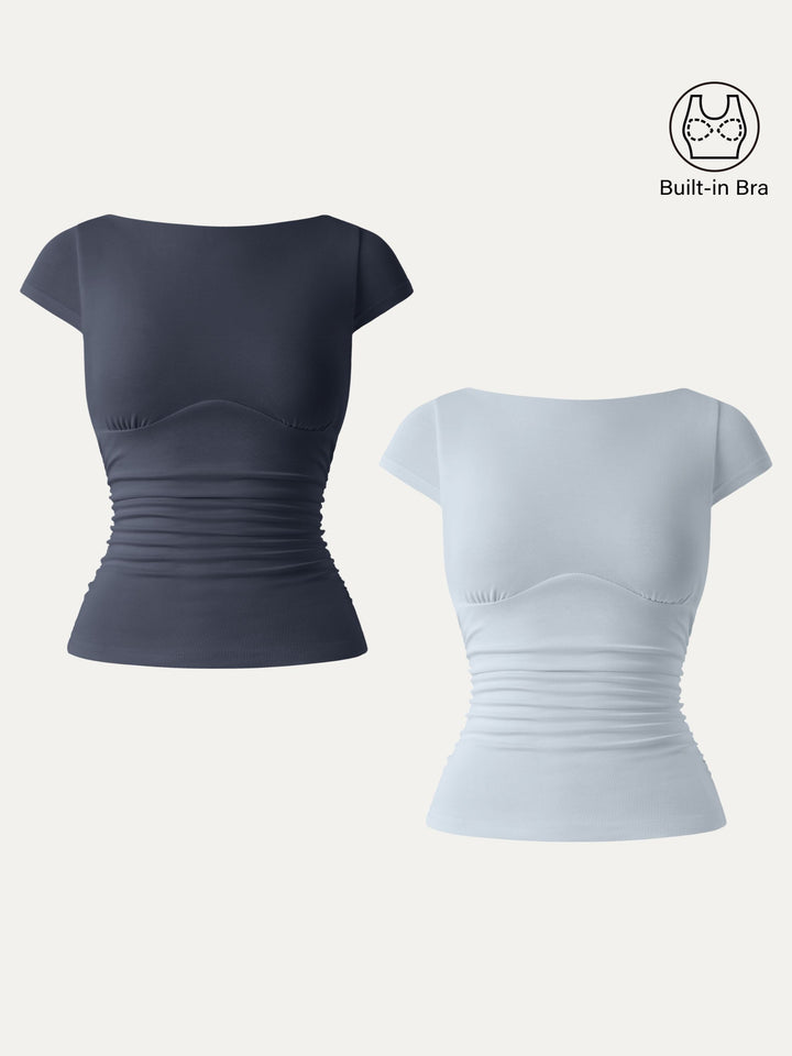 2Pcs Set Sandwashed Boatneck Cap Sleeve Ruched Brami Deep Navy/Smoke Blue XS