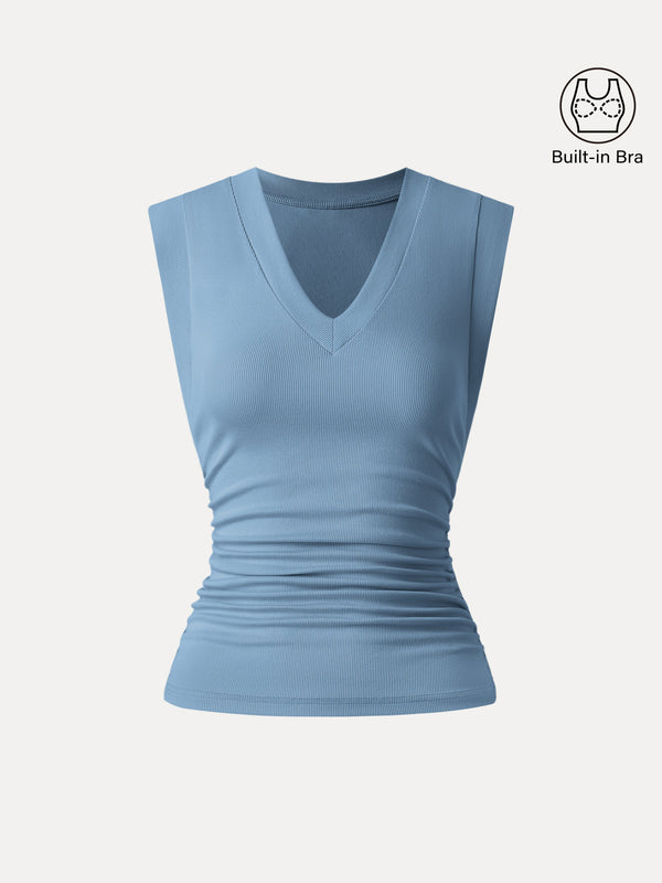 Stretch Cotton V-neck Side Ruched Muscle Brami Top