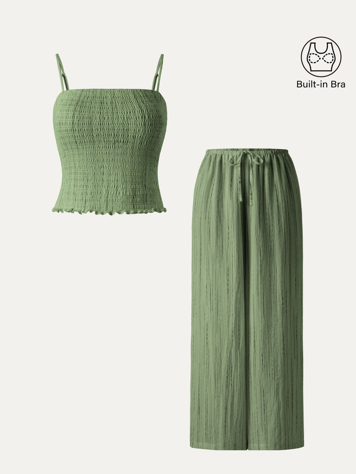 2Pcs Set Striped Adjustable Spaghetti Brami & Striped Wide Leg Pants with Pockets Green Stripe XS