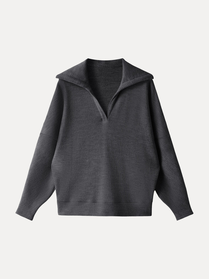 Cozy Collared V-Neck Batwing Sleeve Pullover Heather Black XS