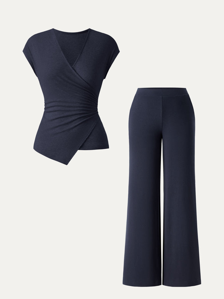 2Pcs Set Lyocell Wool Surplice Cap Sleeve Top & Mid Rise Wide Leg Pants with Pockets Smoky Navy XS