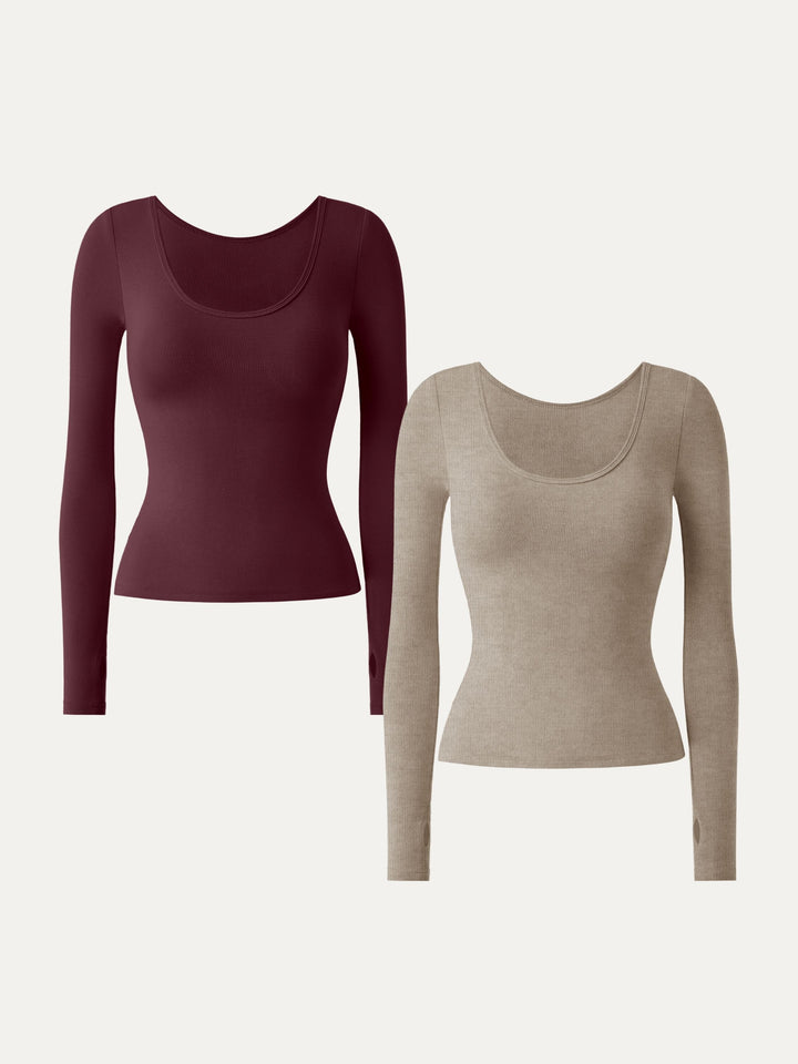 2Pcs Set Lyocell Cashmere Multi-Wear Long Sleeve Top with Thumbholes Heather Calico/Wine XS