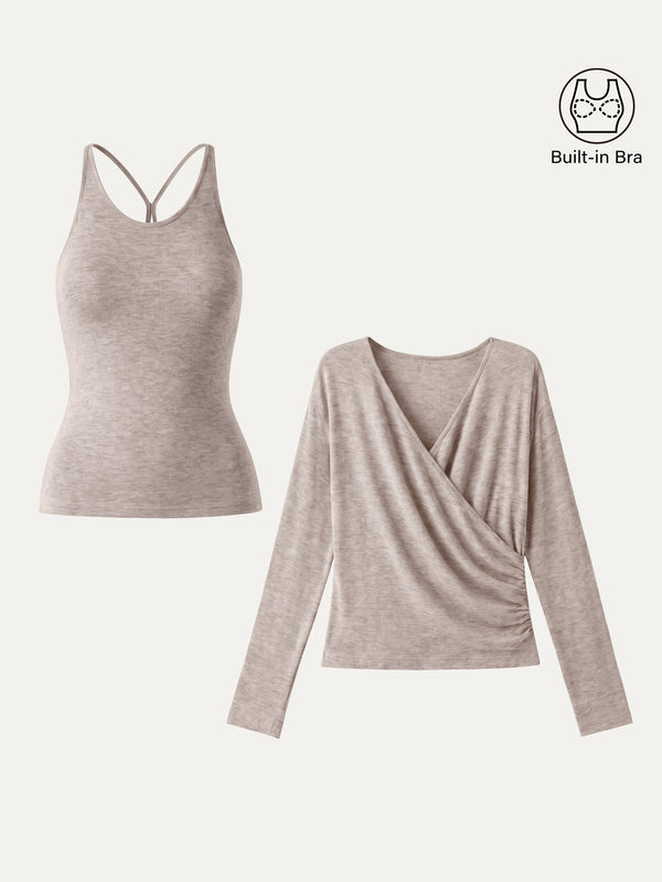 OGLmove LiteWarm Two-Piece Set Cami with Surplice Built-In Bra Top Heather Pinky Mist XS