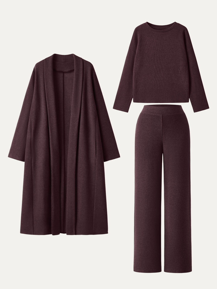 3Pcs Set Shawl Collar Cardigan & Crew Neck Top & Mid Rise Straight Leg Pants Ruby Berry XS