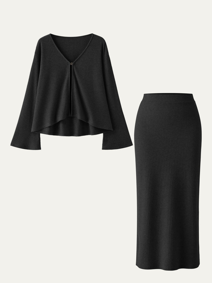 2Pcs Set V Neck Flare Cardigan & High Waisted Midi Skirt Black XS