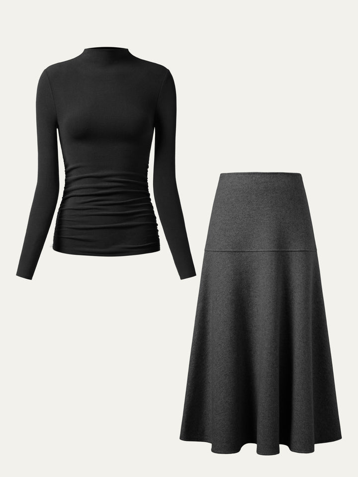 2Pcs Set Ruched Sides Tuckable Mockneck Top & Flared Maxi Skirt Black/Heather Black XS