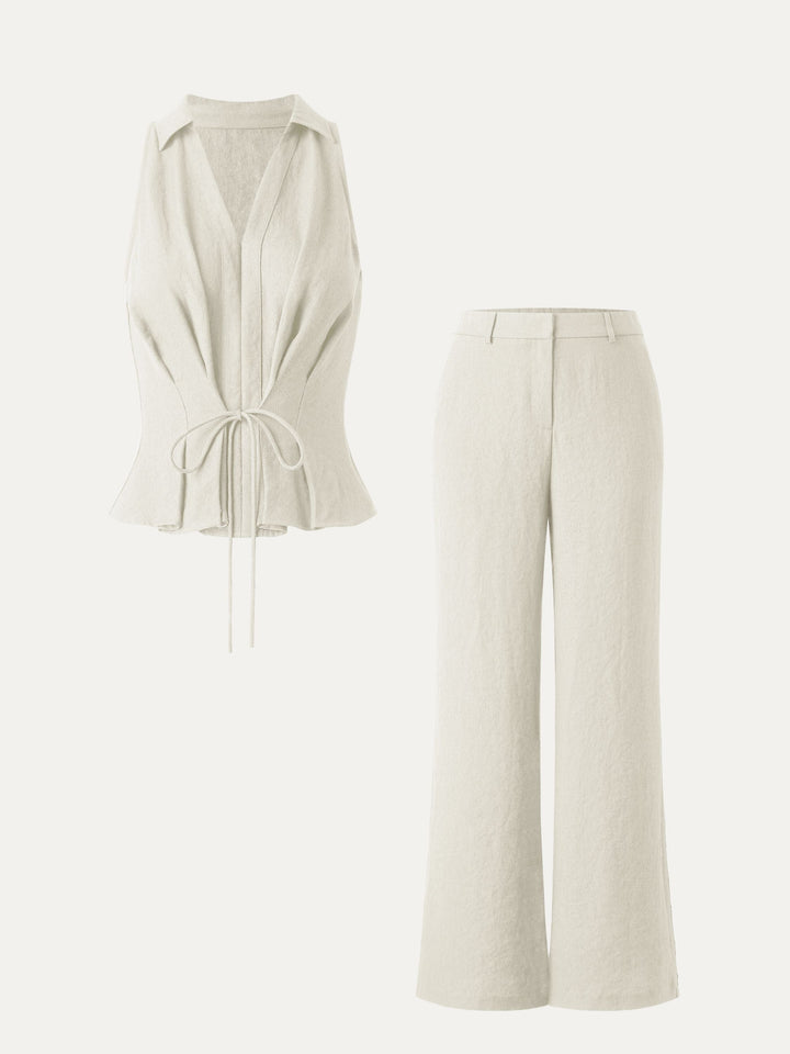 2Pcs Set Collared V-neck Sleeveless Top & Mid Rise Flared Pant with Pockets Off White XS