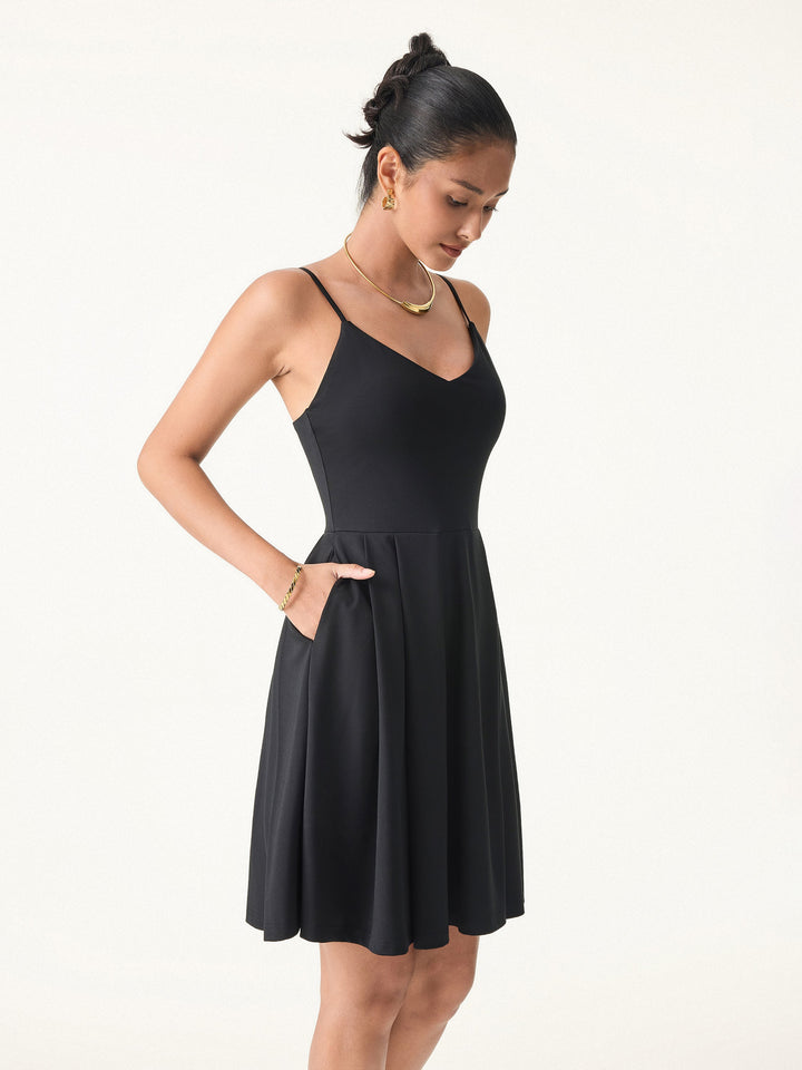 Bamboo Ponte V-neck Fit-and-flare Mini Brami Dress with Pockets
