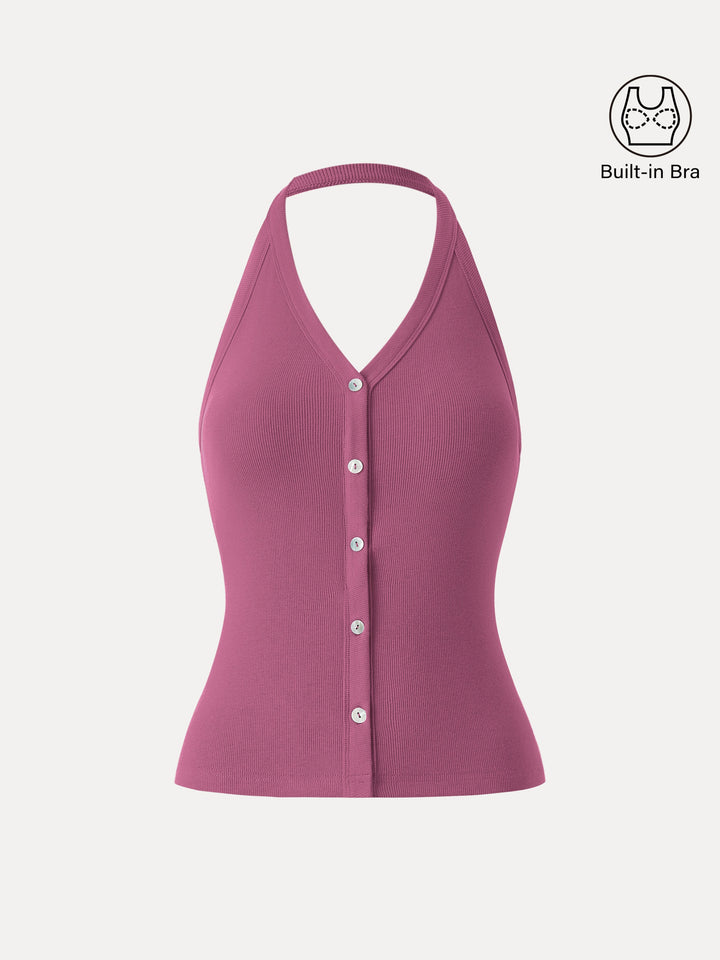 Stretch Cotton Halter Neck Faux Button Placket Brami