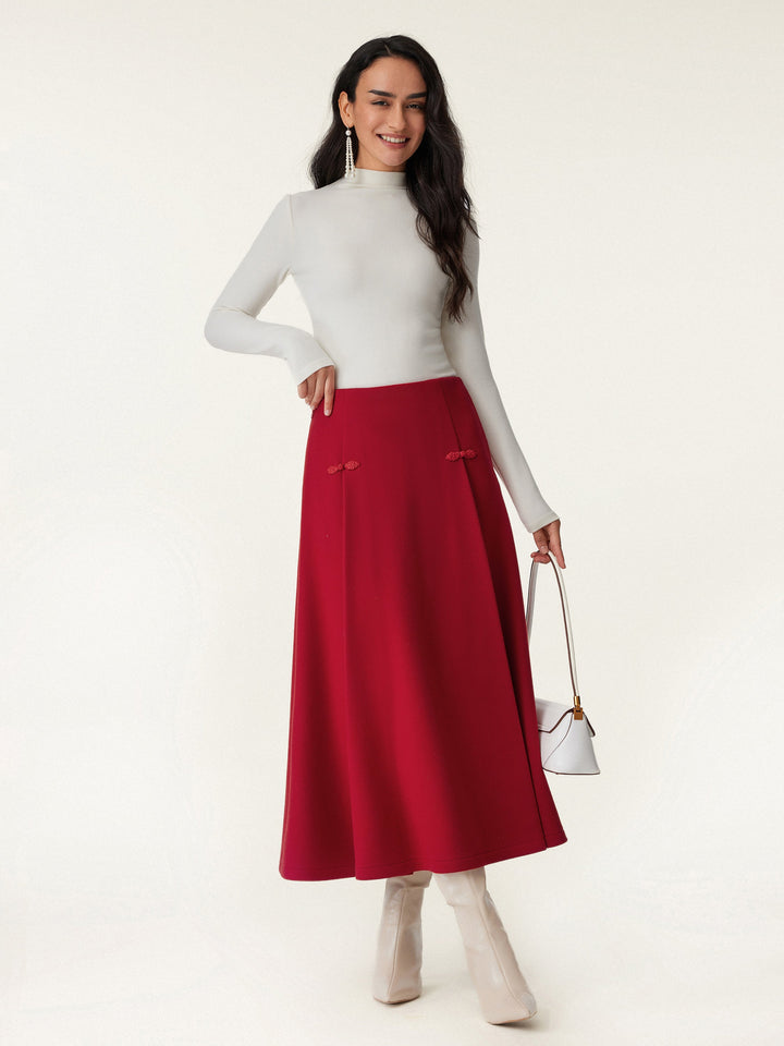 Wool-like Frog Button A-Line Midi Skirt Red Flame M