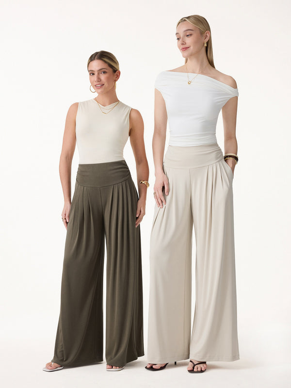 OGLmove Sandwashed Super Flowy Tucked Palazzo Pant with Pockets