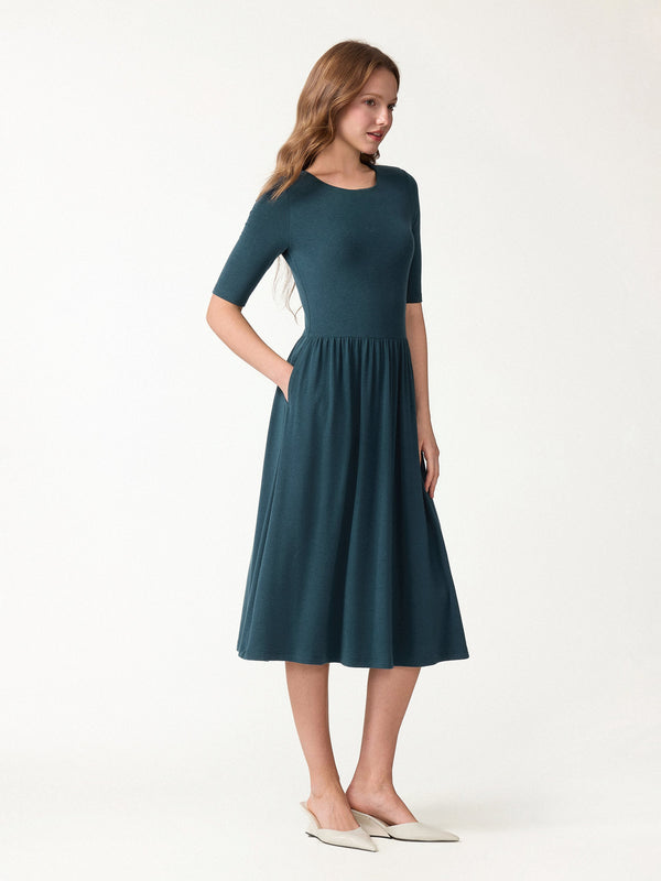 OGLmove Eco-Mousse® Round Neck Elbow Sleeve Fit-and-Flare Midi Bra Dress with Pockets