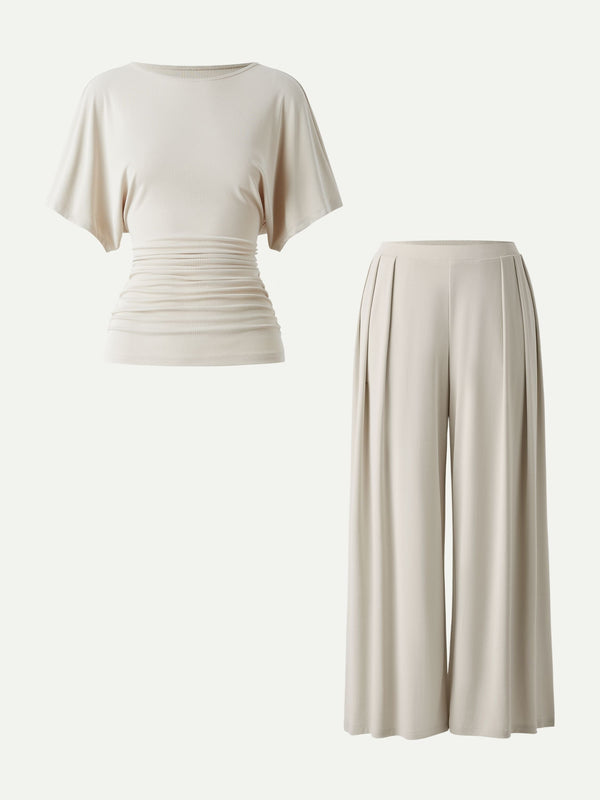 OGLmove 2Pcs Set Boatneck Batwing Sleeve Top & Wide Leg Palazzo Pants with Pockets