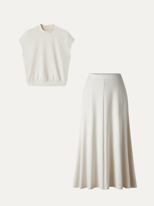 OGLmove 2Pcs Set Mock Neck Cap Sleeve Top & Umbrella Midi Skirt with Pockets
