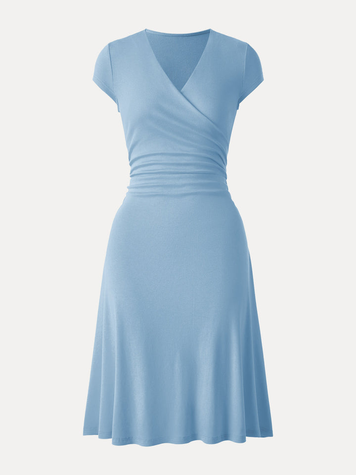 Stretch Cotton Surplice V-neck Cap Sleeve Midi Dress Powder Blue XS