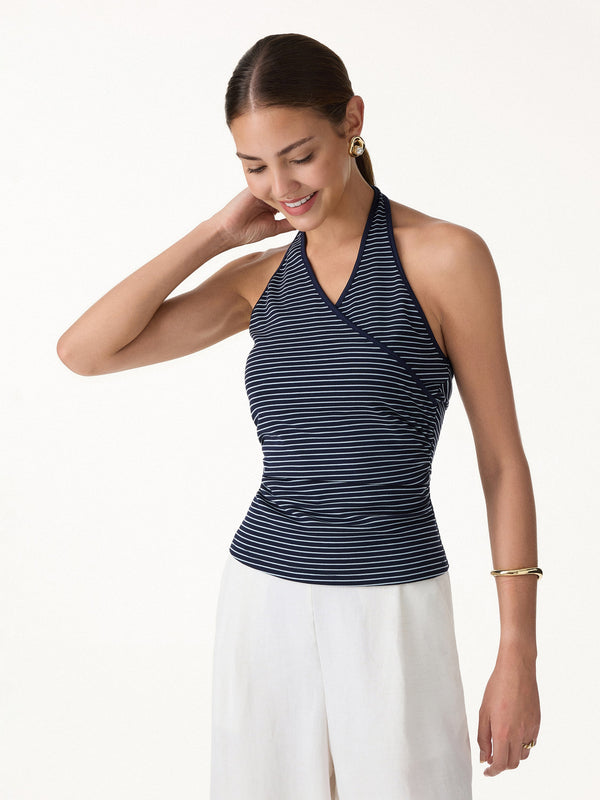OGLmove Striped Halter Neck Gathered Tank Top Navy/White Stripe XS