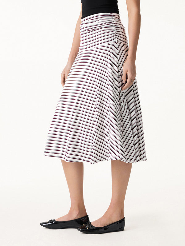 OGLmove Flowy Striped Circle Flare Ruched Midi Skirt White/Marron Stripe XS