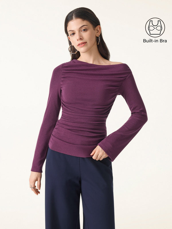 Slanted Shoulder Bell Sleeve Ruched Brami Top Plum Berry XS
