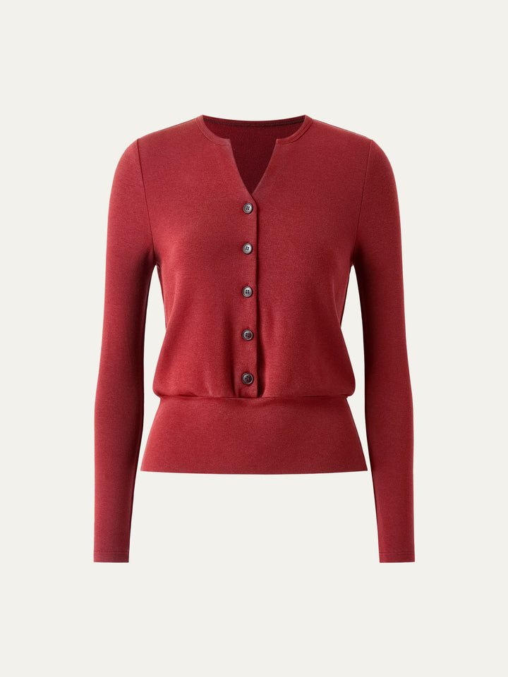 V-Neck Long Sleeve Half-Placket Top Christmas Red XS