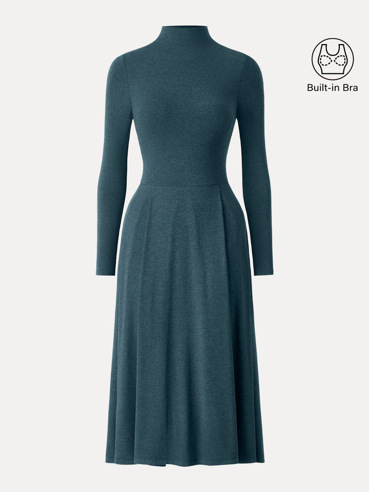 Light Warm Mockneck Pleated Midi Brami Dress with Pockets Forest Night XS