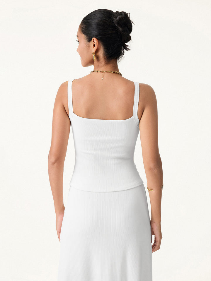 2Pcs Set Stretch Cotton Pointelle Wide Straps Brami Tank & A-line Midi Skirt