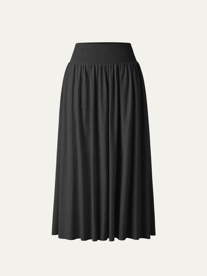 European Linen Smocked Waist Skirt with Pockets Black XS