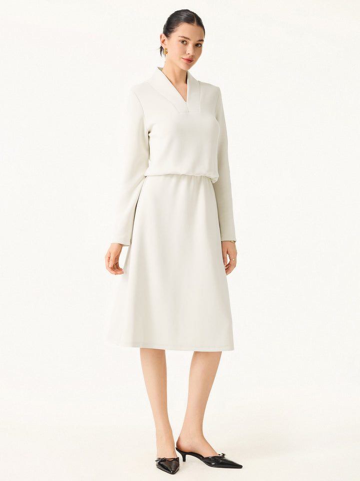 Elevated V-neck Long Sleeve Cinched Midi Dress