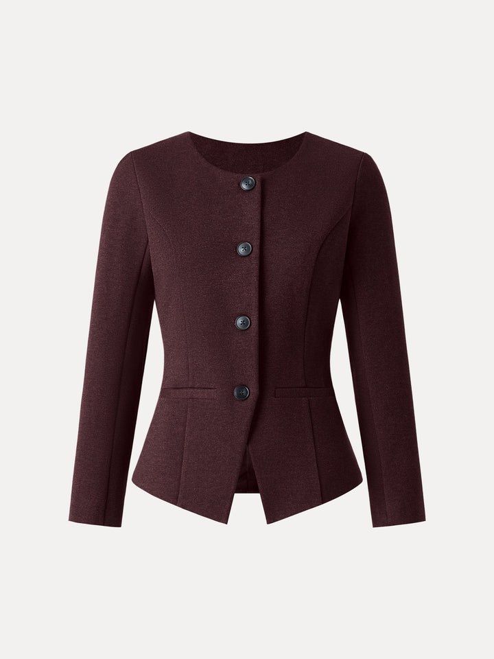 Stretch Ponte Button Front Blazer with Pockets Dark Berry XS