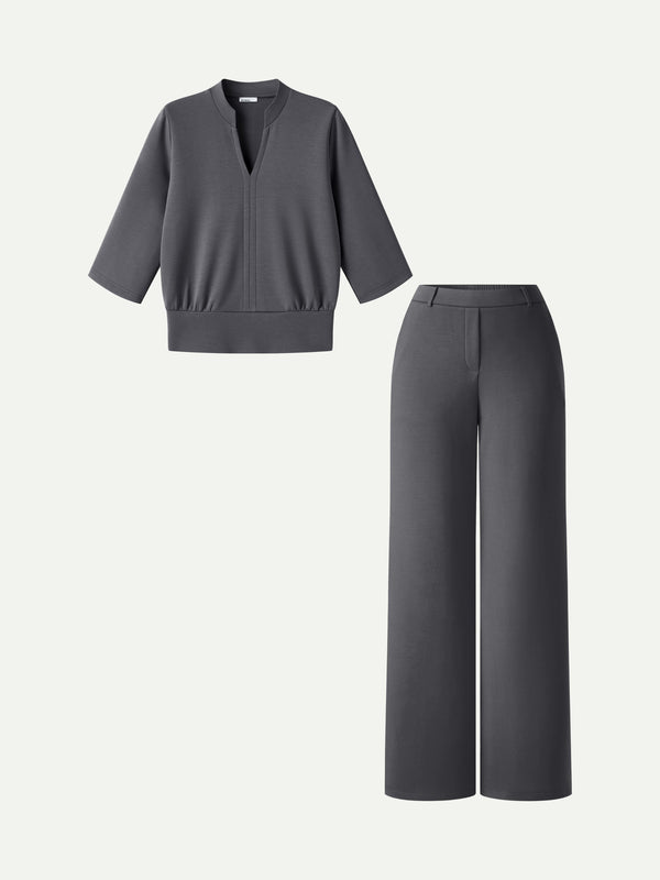 OGLmove 2Pcs Set V-Neck Elbow Sleeve Top & High-Rise Wide Leg Pants with Pockets